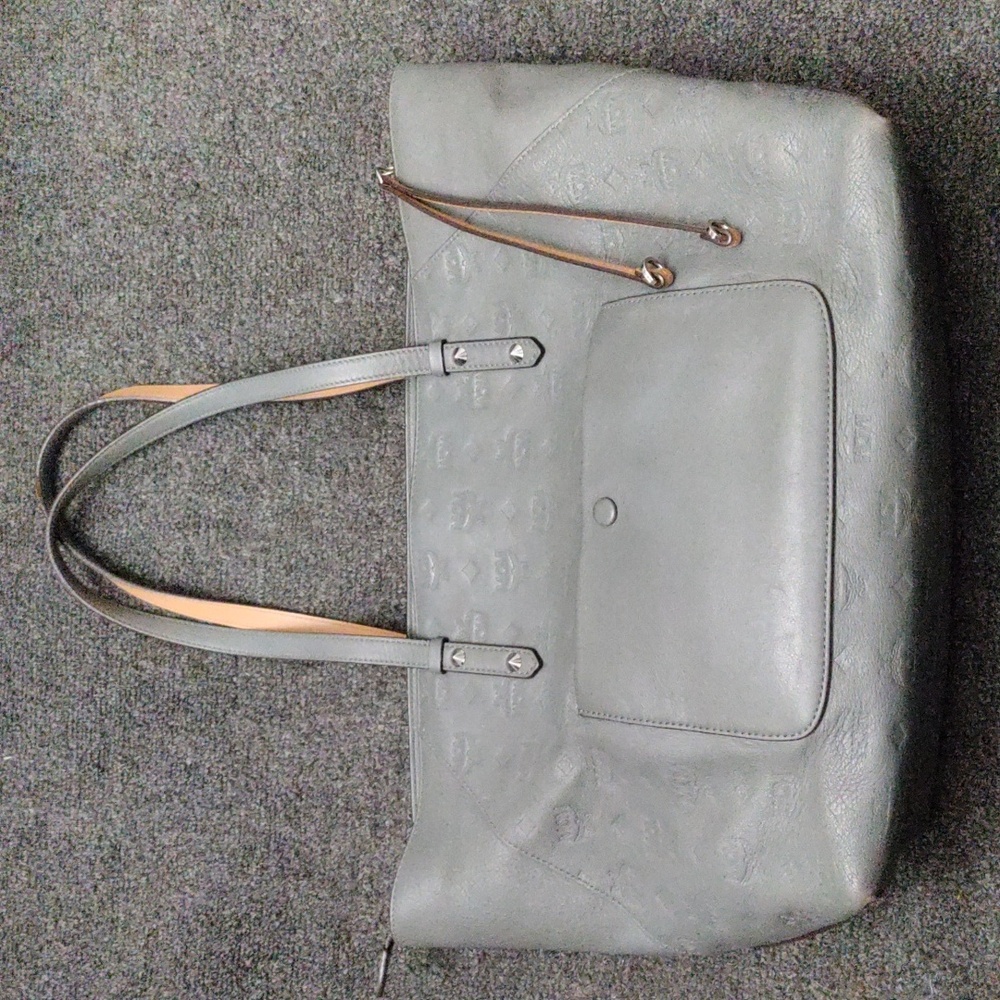 MCM Gray/Tan Embossed Monogram Leather Tote Bag